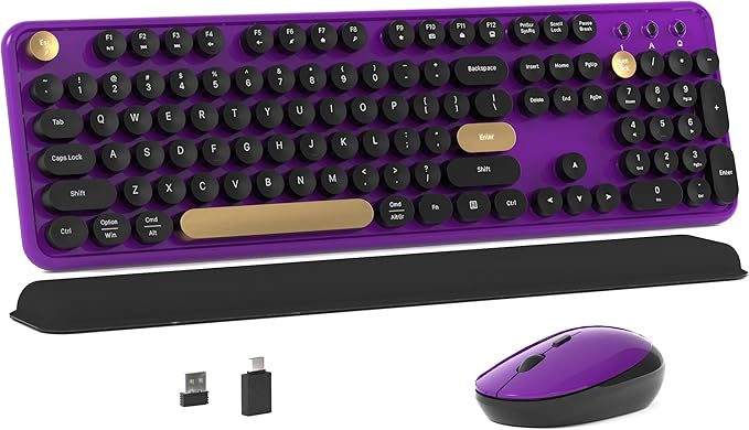 Colorful Wireless Computer Keyboard and Mouse Combo with Round Typewriter Keycaps, Retro Design, Power Switch, Ergonomic Design, 2.4GHz Wireless for Windows, Mac, PC(Black-Purple)