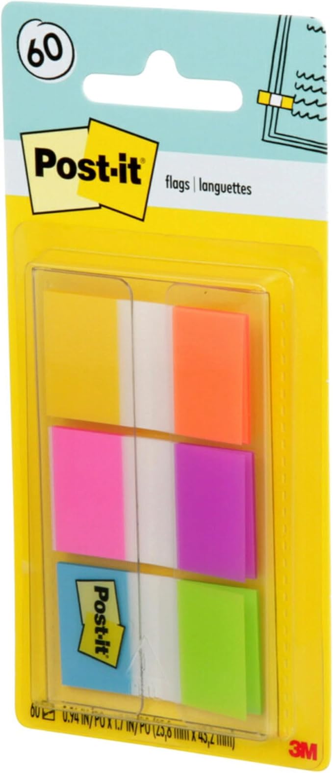 Post-it Flags, 60/On-The-Go Dispenser, .94 in Wide, Alternating Electric Glow Collection (680-EG-ALT)