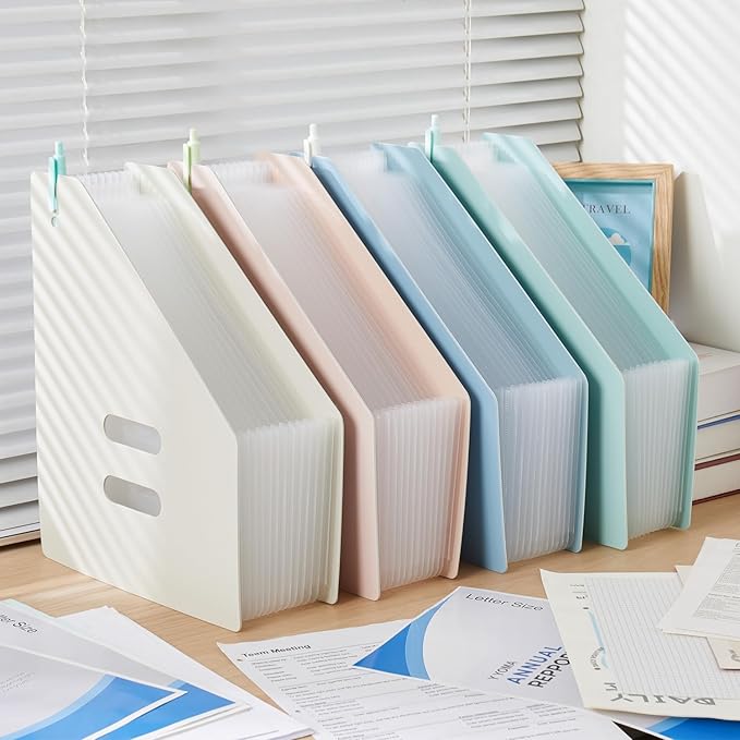 Y YOMA 2 Pack Expanding Magazine Holder with 13 Pockets | Portable Desktop Plastic Self Standing Accordion File Organizer for A4 Letter Size Document Storage Home Office School, Pink