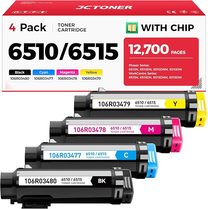 6510 6515 Toner Cartridge 106R03480 106R03477 106R03478 106R03479 Replacement Compatible for Xerox Phaser 6510N 6510DN 6510DNM 6510DNI WorkCentre 6515N 6515DN 6515DNM 6515DNI Black Color Printer 4Pack