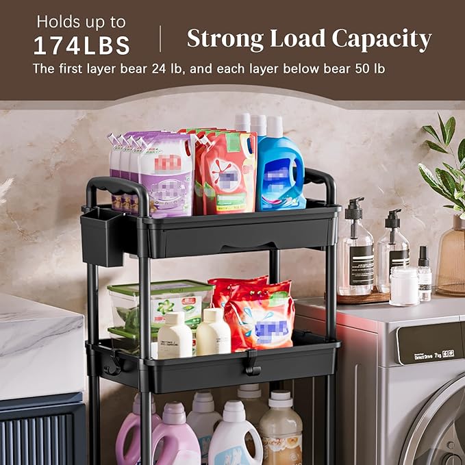 4 Tier Rolling Utility Cart with Drawer, Utility Storage Organizer with Plastic Shelf & Lockable Wheels Multifunctional Storage Cart for Kitchen, Bathroom, Office, Living Room, Black