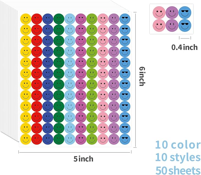 6000 Pieces Happy Smile Face Stickers for School Reward Behavior Chart,3/8 Inch in Diameter Round Colorful Reward Labels 10 Styles Happy Face Stickers for Teachers (50 Sheets)