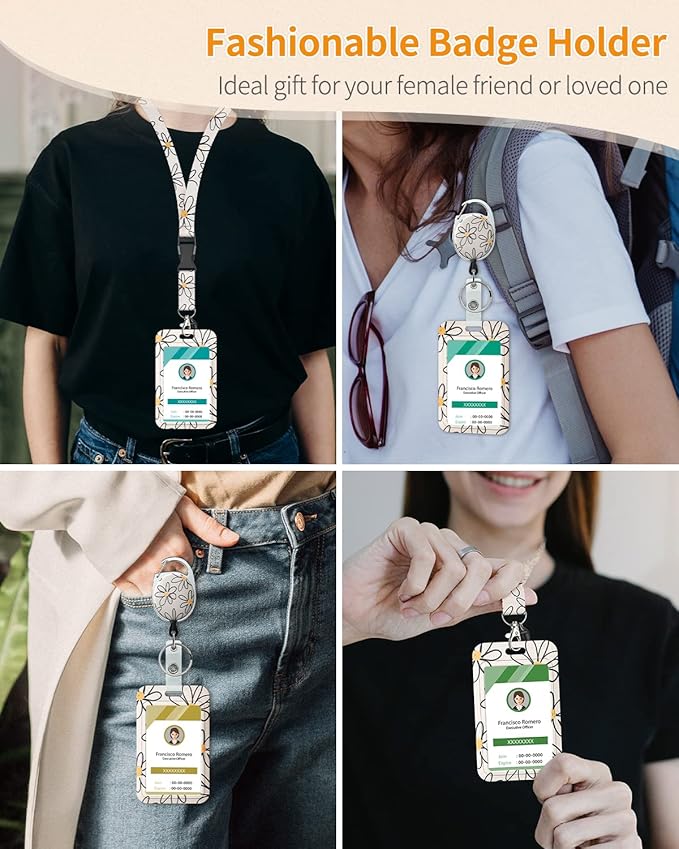 Uniclife Floral Sliding Badge Holder White Flower Plastic Case with Retractable Badge Reel Carabiner Clip & Detachable Lanyard Strap Fashionable Vertical Card Protector for Women Nurse Teacher Student