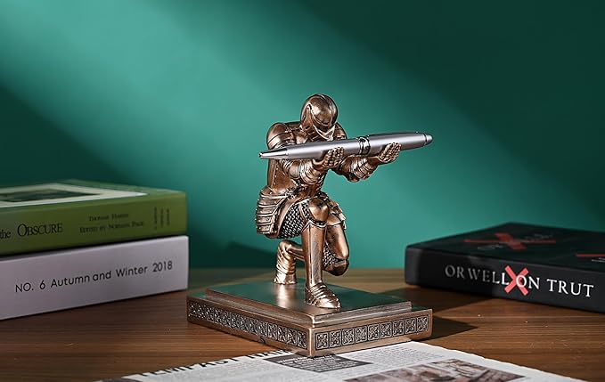 Knight Pen Holder Pen Stand Desk Organizers and Accessories Resin Pencil Holder as Gift with a Fancy Pen for Office and Home Desk Organizer (Bronze)