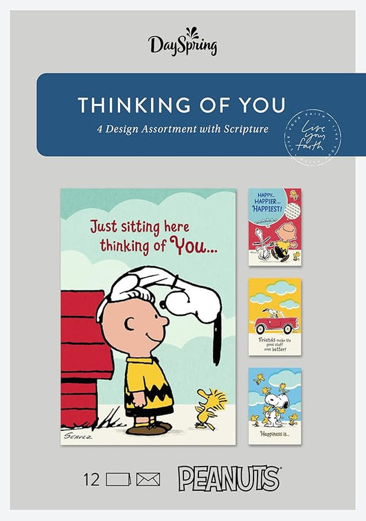 DaySpring - Peanuts - Thinking of You - 4 Design Assortment With Scripture - 12 Boxed Cards & Envelopes