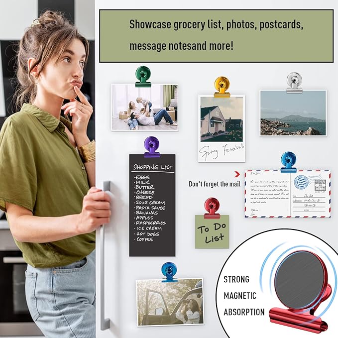FINDMAG 12 Pack Magnetic Clips for Picture Hanging and Photo Display, Strong Scratch-Free Heavy Duty Magnets for Refrigerator, Whiteboard, Office, Kitchen, Party Use, School