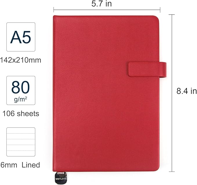 A5 Hard Cover Notebook with Pen Holder, Gold Edges & 180° Lay Flat - Large 5x8.25 Lined, Bookmark, Gift Box - Durable Journal for Office, Study, Travel - Writers, Students (Red)