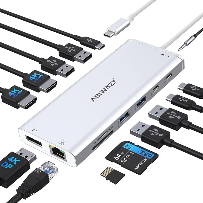 USB C Hub USB-C Docking Station Dual Monitor 14 in 1 Triple Display Multiport Adapter with 2 HDMI+DP+7 USB Type C/A Ports+Ethernet+Audio, USBC Dongle for Dell/HP/Lenovo ThinkPad/Surface(Sliver)