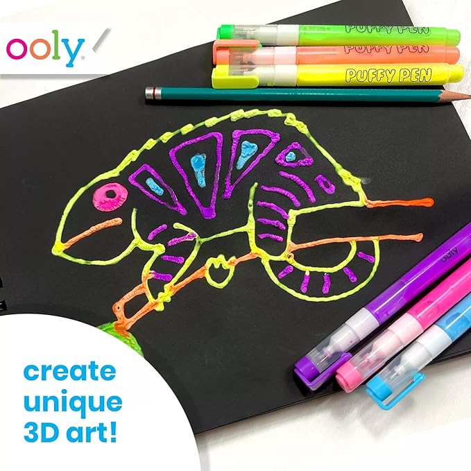 Ooly Puffy Paint Neon Gel Pens Set of 6, 3D Foam Texture Painting Magic Puffy Pen, Creative and Fun Pens for Kids Arts and Crafts Drawing Supplies