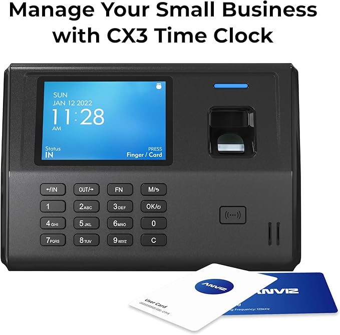 ANVIZ Time Clocks for Small Business Employees - No Monthly Fee No Software Required - Fingerprint Biometric Clock in and Out Machine - Right Out of The Box, Finger + RFID + Pin Punching