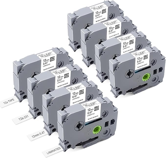 8Pk Replace for Brother Label Maker Tape 12mm 0.47 White Work with Brother P Touch Label Tape TZ TZe 1/2" Black on White TZe-231 for P-Touch PT-H103w H110 D210 D220 D400 1180 1280 1890 2040,8m 26.2ft