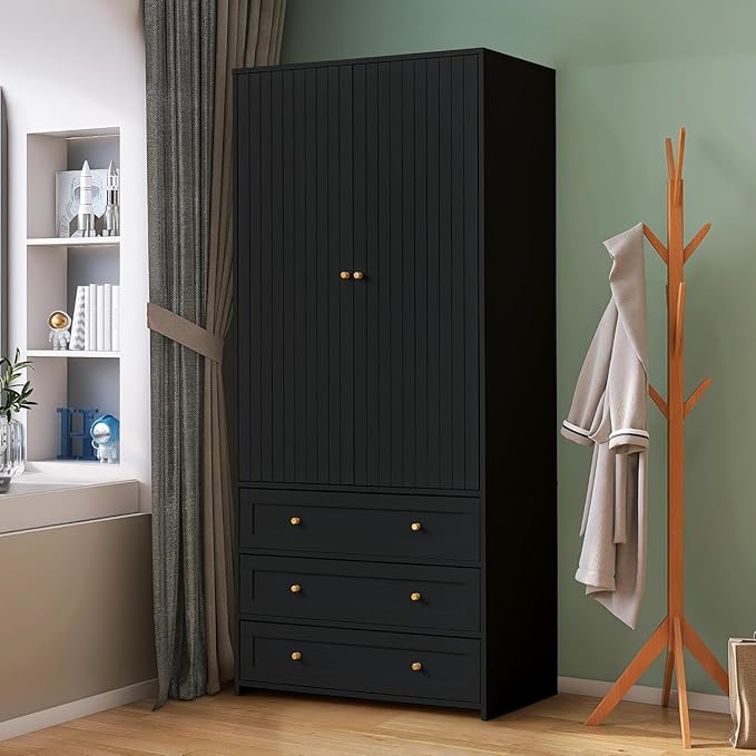 71" Wardrobe Closet Armoire, Wardrobe Armoire Wooden with 2 Doors, 3 Drawers Household Freestanding Wooden Closet Storage Cabinet for Bedroom (Black)