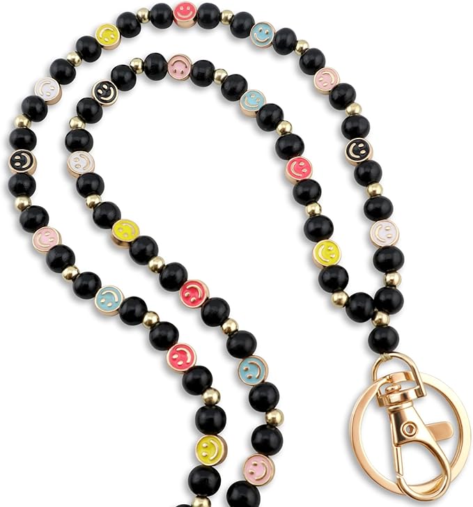Smile Teacher Lanyard for Women ID Badges and Keychain Cute Happy Wood and Metal Beaded Lanyard Badge Holder