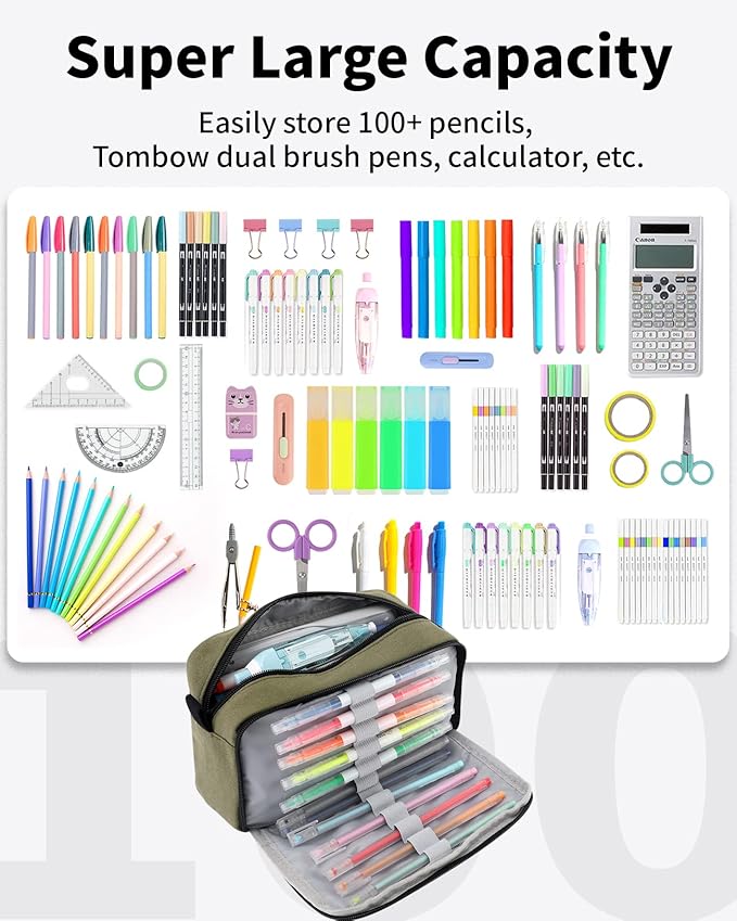 Sooez Big Capacity Pencil Pen Case, Upgraded Canvas Pencil Pouch Large Pencil Bag Organizer, Separate Compartments Easy Grip Handle, Aesthetic Supply for School Teens Adults, Army Green