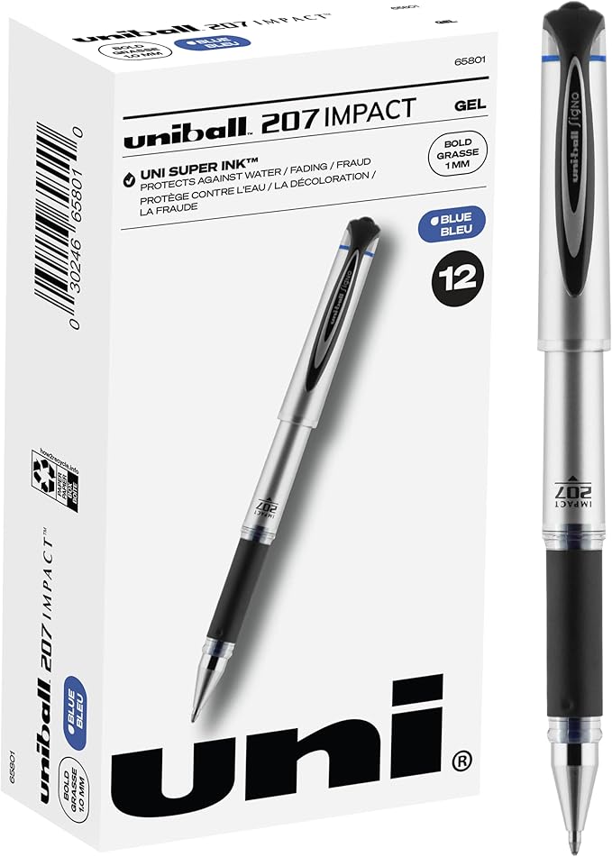 Uni-Ball Uniball Signo 207 Impact Gel Pen, 16 Blue Pens, 1.0mm Bold Point, Auto-Retractable Tip, Smooth Grip, Water-Resistant Ink