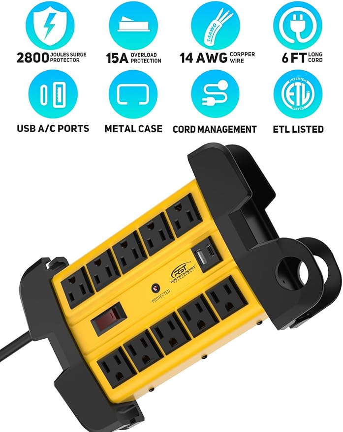 CRST Heavy Duty Power Strip with USB-C,10-Outlet Metal Surge Protector Power Strip with 6FT Cord(2800J),15A Circuit Breaker, Wall Mount, Cord Management, ETL Listed