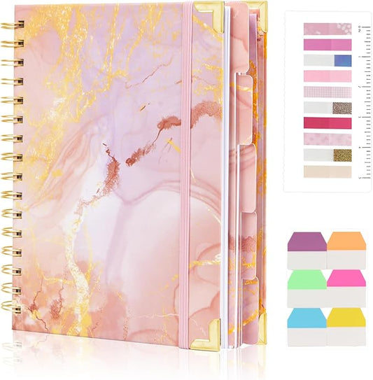 A4 Spiral Notebooks for Work, 300 Pages Lined Spiral Journal Notebook, 5 Subject College Ruled Journals for Writing, 11”x9.25''Journaling Notebooks for School Office Supplies (Pink Marble)