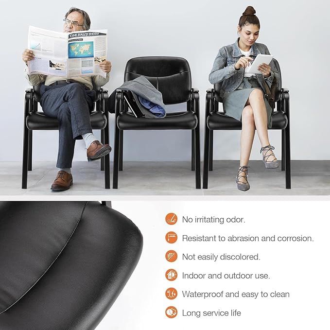 Sweetcrispy Office Reception Guest Chair No Wheels Set of 4, Leather Stationary Waiting Room Chairs with Padded Arms for Elderly Desk Conference Room Lobby Table Side Salon