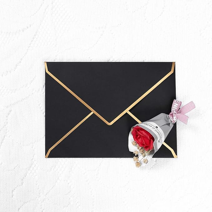 50 Pack A4 Envelopes Black 4x6 Self-Adhesive V Flap Envelopes with Gold Border for Office, Wedding Gift Cards, Invitations, Graduation, Baby Shower, Parties (4.25x6.25 inches)