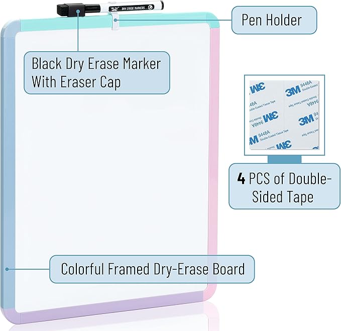 Mr. Pen- Dry Erase Board, 14” x 11” with a Black Dry Erase Marker, Colorful Frame, Small White Board, White Board for Kids, White Board for Students, Small Dry Erase Board, Mini White Board