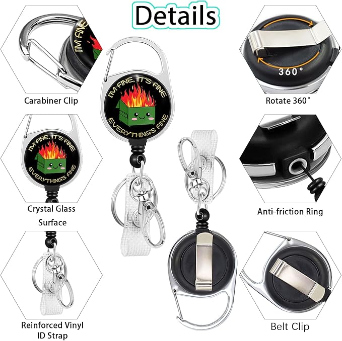 Funny Dumpster on Fire Badge Reel Retractable Heavy Duty with 360°Swivel Carabiner Clip,Cute ID Badge Holder Retractable, Nurse Teacher ID Card Holder Retractable Keychain Name Badge Clip