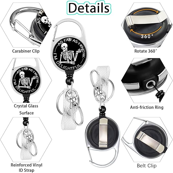 Funny Nurse Badge Reel Retractable Heavy Duty with 360°Swivel Carabiner Clip, Sarcastic Xray ID Badge Holder Retractable, Nurse Teacher ID Card Holder Retractable Keychain Skeleton Name Badge Clip
