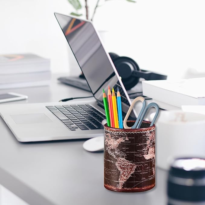 Black World Map Pencil Holder for Desk, PU leather Pencil Cup, Globe Pen Holder for Desk Office Supply Organizer PH46