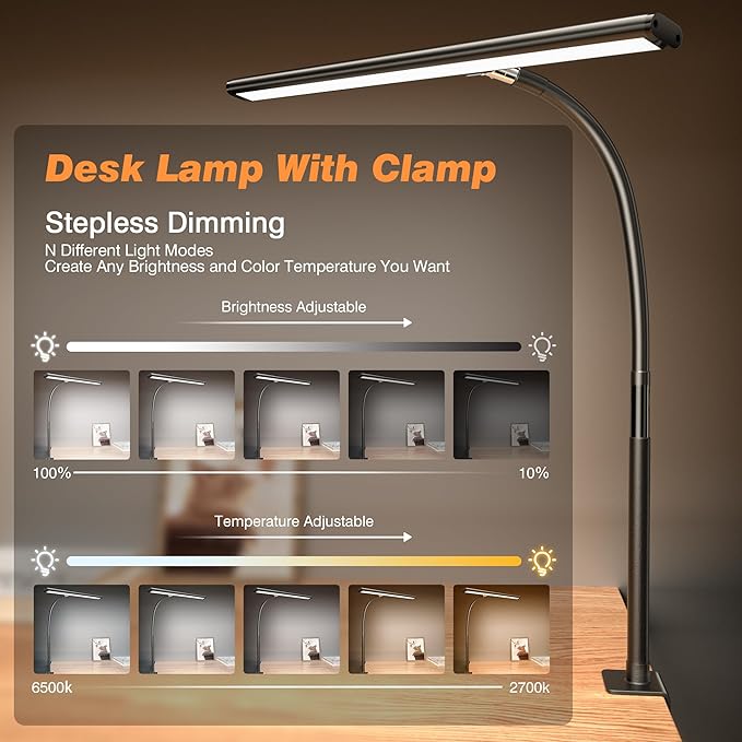 LED Desk Lamp for Office Home, Eye-Caring Desk Light with Stepless Dimming Adjustable Flexible Gooseneck, 10W USB Adapter Desk Lamp with Clamp for Reading, Study, Workbench (Black)