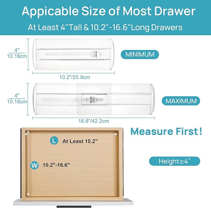 Vtopmart 14 Pack Drawer Dividers for Clothes, 4" High 10.2"-16.6" Adjustable Expandable Dresser Drawer Organizer, Clear Plastic Separators for Dresser, Baby Clothing, Underwear, Cosmetic, Toiletries
