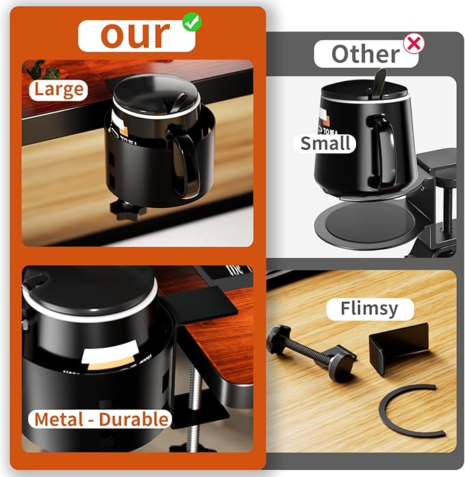 Upgraded Large Desk Cup Holder Clamp, OOKUU Anti-Spill Table Cup Holder, Metal Office & PC Gaming Desk Accessories, Compatible with Universal Cup, Bottles, Pencil Holder (Black)