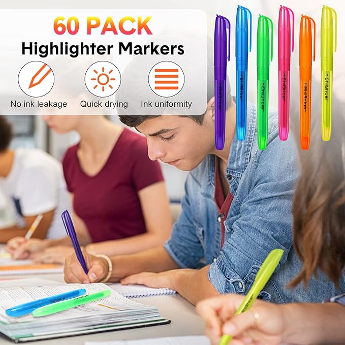 Thenshop 60 Pcs Highlighter Bulk Pack Assorted Colors Highlighter Markers Chisel Tip Fluorescent Pens for Office Classroom Back to School Supplies