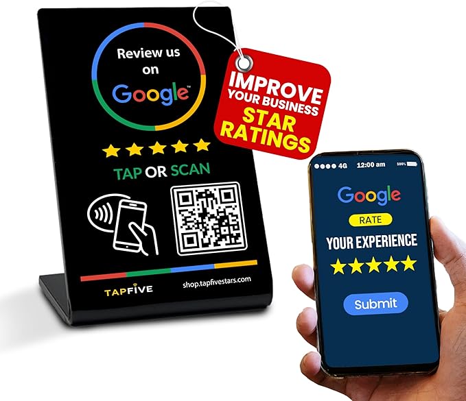 Tap Google Review Stand by TapFive - Tap for Instant Reviews - All Phones Compatible - Reusable Smart Tap NFC & QR - Boost Business Reviews - Zappy Fast - Powered by TapFive (Black, 1 Stand)
