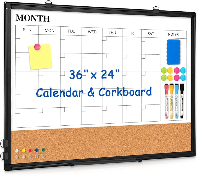 Monthly Calendar Whiteboard Dry Erase Cork Board Combo for Wall, 36" x 24" Magnetic Double-Sided Calendar White Board and Bulletin Board, Portable Board for Office, Kitchen, School, Home