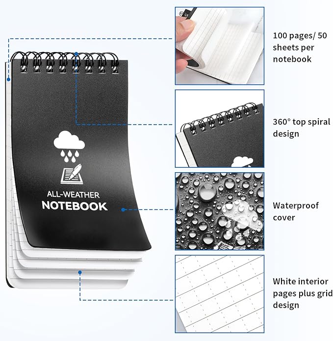 3 Pack Waterproof Notebook, 3 x 5 Pocket Notepad, All Weather Small Pocket Notebook Stone Paper, Mini Spiral Notepad Police Notepad 100 Lined Pages for Outdoor Office