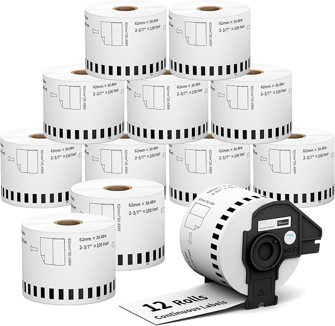 Tacnology 12 Rolls Continuous Labels Replacement Compatible with Brother DK-2205 (2.4" X 100 Ft.) Shipping Address Labels, Use with Brother QL Label Printer + 1 Frame