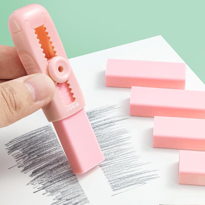 M&G 4+1 Pack Rubber Pink Erasers Sliding Retractable Eraser, Soft Cute Erasers Push Pull Large Pencil Erasers with Plastic Sleeve 4 Refill Eraser for School Students Kids Office Home Supplies