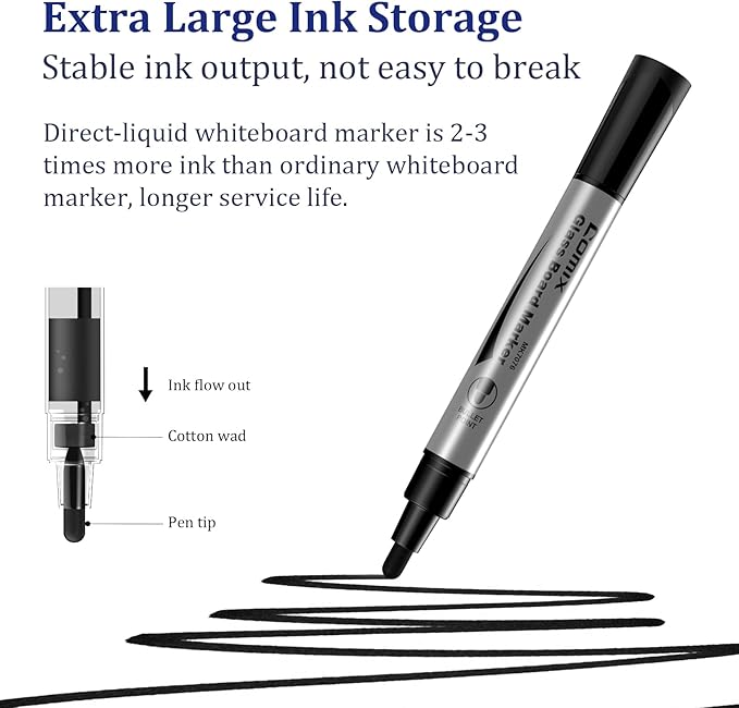 Comix Glass Board Dry Erase Markers, Low Odor Whiteboard Markers, Bullet Tip, 4 Assorted Colors, 12 Pack