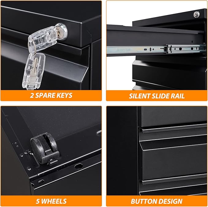 3 Drawer File Cabinet with Wheels, Metal Filing Cabinet with Lock, Office Rolling File Cabinets for A4/Legal/Letter Size, Assembly Required, Black