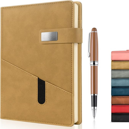 A5 Lined Leather Journal with Pen, 240 Pages Refillable Hardcover Notebook with Pocket and Magnetic Buckle, 80gsm Thick Daily Diary for Men and Women, Great Gift for Business School Travel Personal -