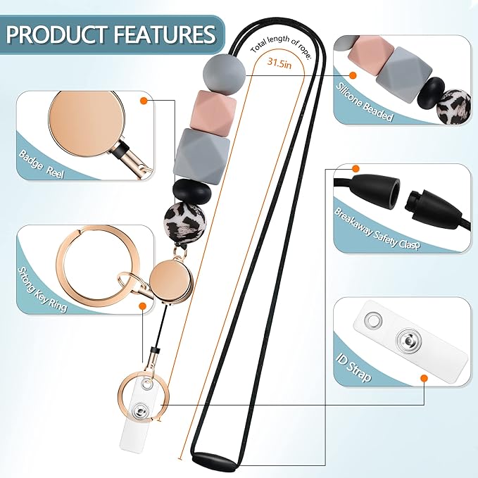 Retractable Lanyards for ID Badges and Keys, Cute Breakaway Teacher Lanyard with Badge Holders and Reels, Silicone Beaded Lanyard for Women, Nurses, Office with 2 Waterproof Card Holders