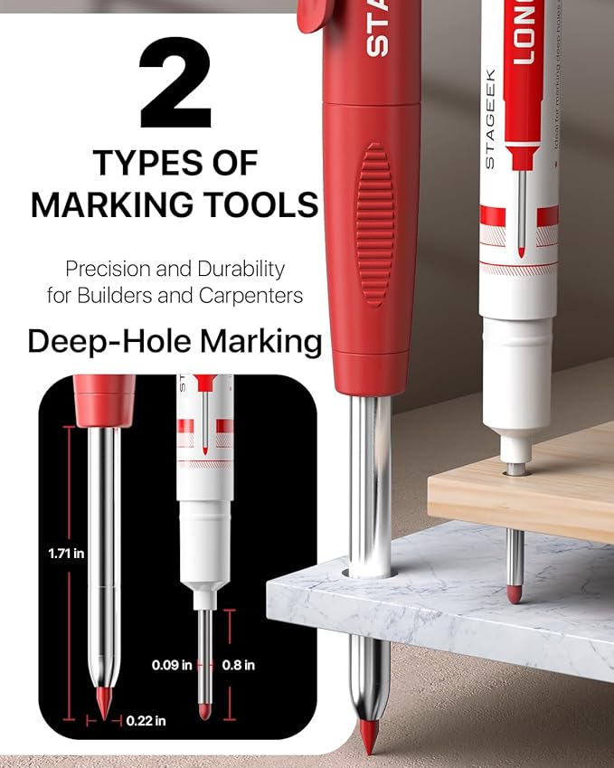 3PCS Carpenter Pencils with Sharpener, Heavy Duty Woodworking Tools, Mechanical Pencil Set with 39 Refills, Deep Hole Long Nib Marker Pens for Architect Marking with Case (Red, Black, Yellow)
