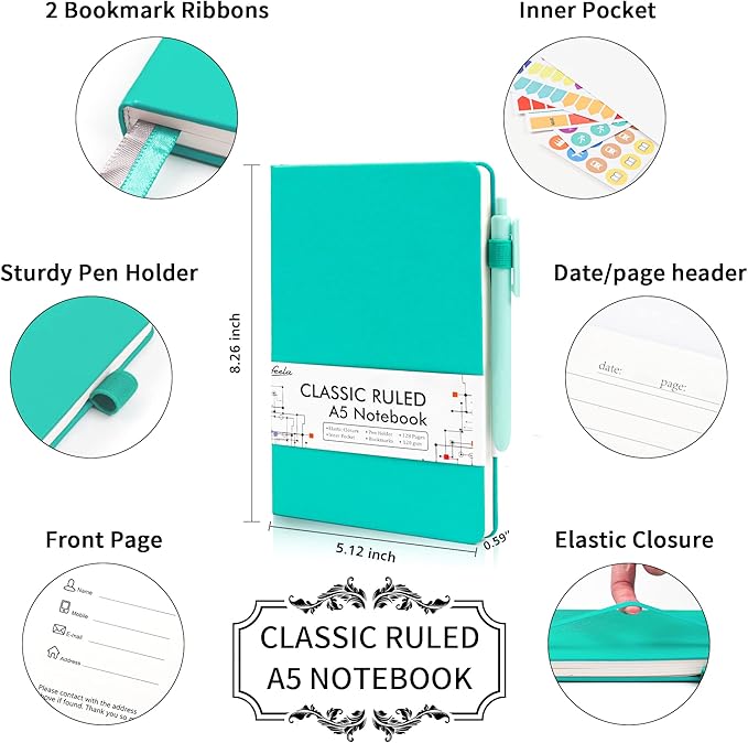 feela 3 Pack Notebooks Journals Bulk, Hardcover Notebook Classic Ruled Lined Journals with Pen Holder for Women Girls School Business Supplies, with 3 Black Pens, 120 GSM, 5.1”x8.3”, A5, Aqua