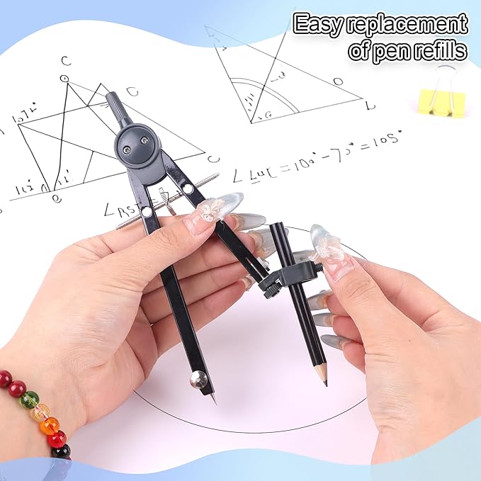 Professional Compass for Geometry Set, Metal Compass with Wheel and Lock for Geometry, Drawing Compass Tool, Circle Drafting Tool, and 6 Inch Math Protractors 180 Degree (Silver)