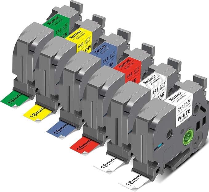 6-Pack Tze 18mm 0.7" Laminated Colored Label Tape Compatible for Brother P Touch Label Tape 3/4 Inch Tze 241 Label Maker Tape for PTD400 PTD610BT PTD410, White/Clear/Red/Blue/Yellow/Green