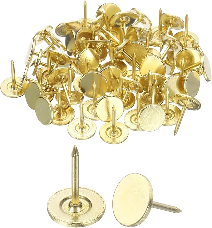 uxcell 100Pcs Upholstery Tacks, 11mmx15mm Flat Head Thumb Tack Decorative Furniture Nails Push Pins for Furniture Sofa Headboards, Gold