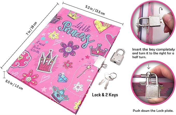 Girls Diary with Lock for Kids, 7x5.25 Inches 160 Lined Pages Secret Pink Princess Notebook for Girls Journal with Lock for Kids Pre School Writing Drawing Cute Girls Gifts for Birthday