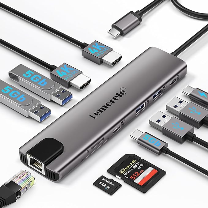 Lemorele Aluminium USB C Laptop Docking Station Dual Monitor 11 in 1 Hub Adapter w/ 2 HDMI 4K, 100W PD, Gigabit Ethernet, SD/TF, 4 USB3.0/USB2.0, USB C 3.0, for Dell HP Lenovo Surface Typc C Laptop