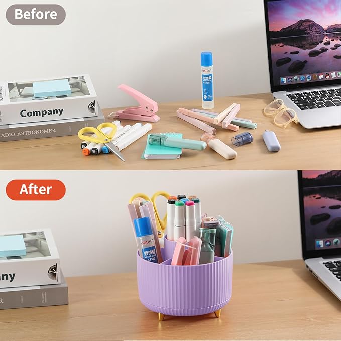 Desk Pen Holder, 5 Slot 360 Rotating Pen Organizer for Desk, Desktop Storage Stationery Supplies Organizer, Cute Pencil Cup Pot for Office, School, Home, Art Supply, Purple
