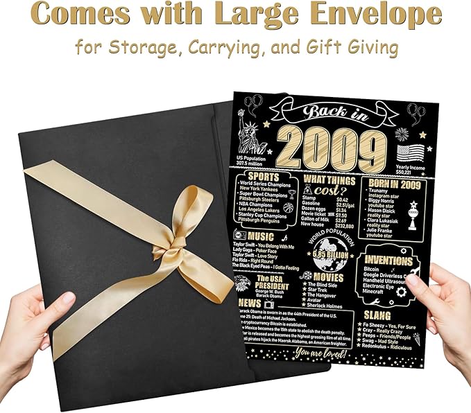 Large 16th Birthday Card With Envelope for Boys Girls, 2009 Black Gold Happy 16th Birthday Giant Guest Signature Book Gifts, Big Vintage 2009 16th Greeting Card Decoration Party Supplies