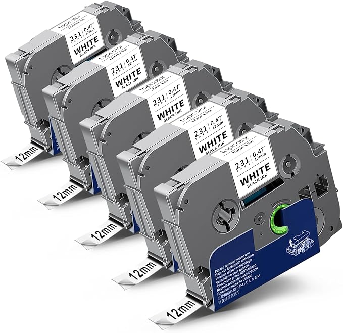 5-Pack Tze Tz Tape 12mm 0.47" White Compatible for Brother 12mm 0.47" Laminated White Tze-231 Tz231 P Touch Label Tape 12mm 1/2" for PT-D210 PT-D202 PT-D220 PTD410 PTD600 PTD400 PT2430